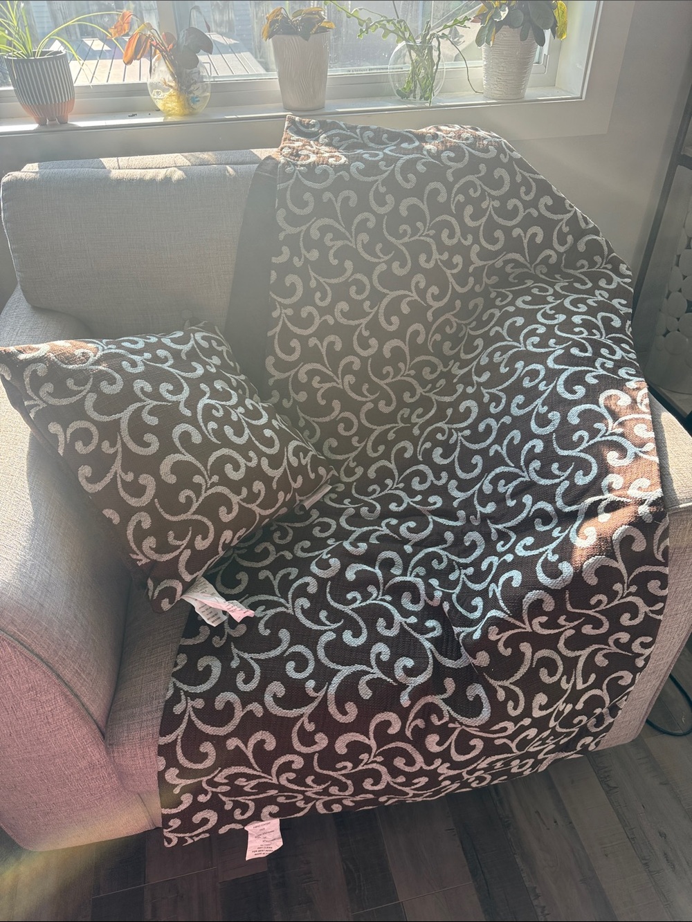 Decorative Brown with Light Blue Scroll Throw and Pillow Set